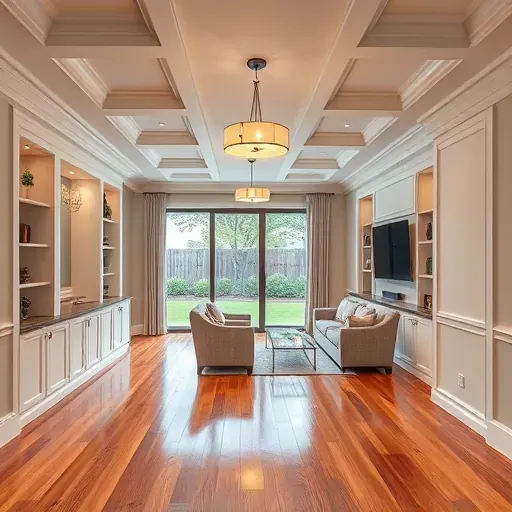 Finished Columbus Ohio basement with hardwood floors, crown molding, built-in shelves, plush seating, and scenic backyard view