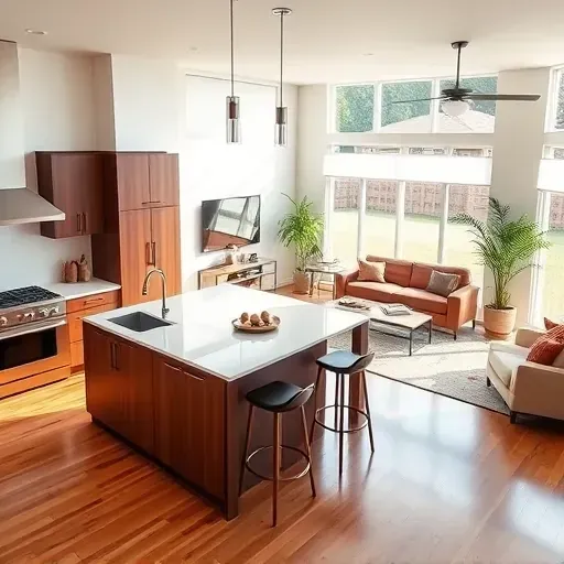 Renovated kitchen with walnut cabinetry, quartz island, and bright living room featuring energy-efficient windows.