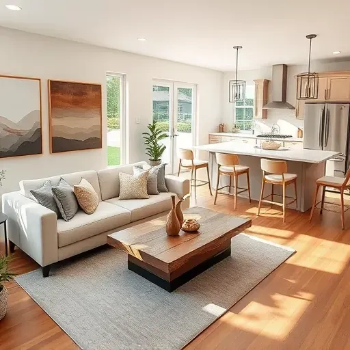 Completed home remodel in Harrisburg OH featuring a modern living room and kitchen with high-end finishes and natural light.