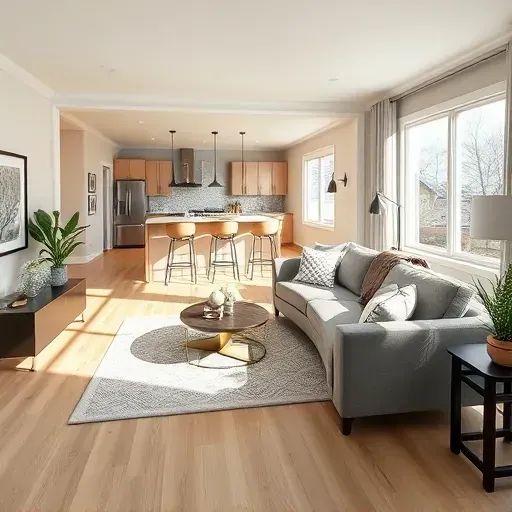 Beautifully renovated living room in Lockbourne, OH with modern furnishings, bright sunlight, and stylish décor.