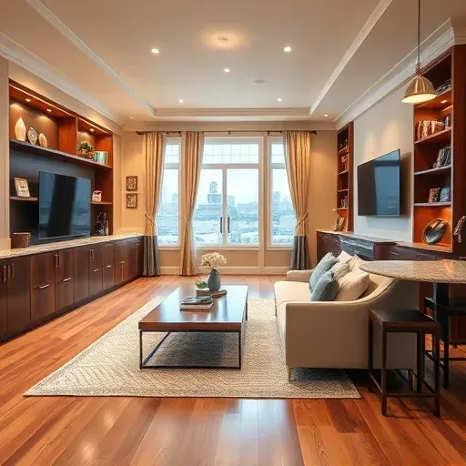 Finished basement in Columbus OH with modern furniture, cozy sofa, bar area, and natural light enhancing the ambiance.