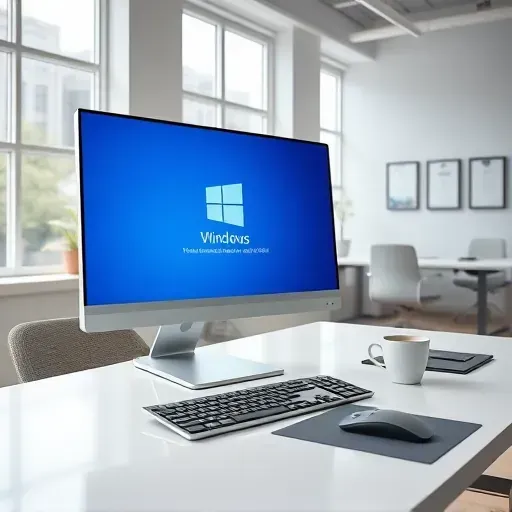 Modern computer desk setup in a bright professional office with high-res monitor, organized workspace, and subtle local branding