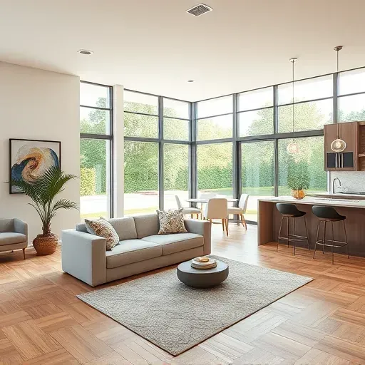 Modern Sunbury OH living room remodel with open floor plan, warm wood textures, and abundant natural light.