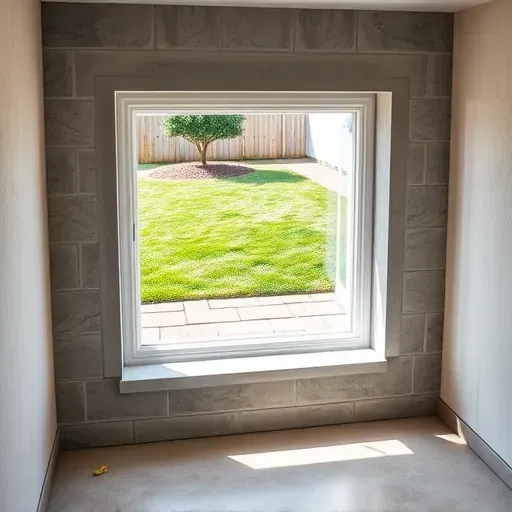 Freshly installed basement egress window in Columbus Ohio showing a seamless concrete wall, clear glass, and backyard view