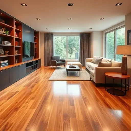 Finished Columbus basement with polished hardwood, sleek shelving, plush sofa, entertainment area, and natural light.