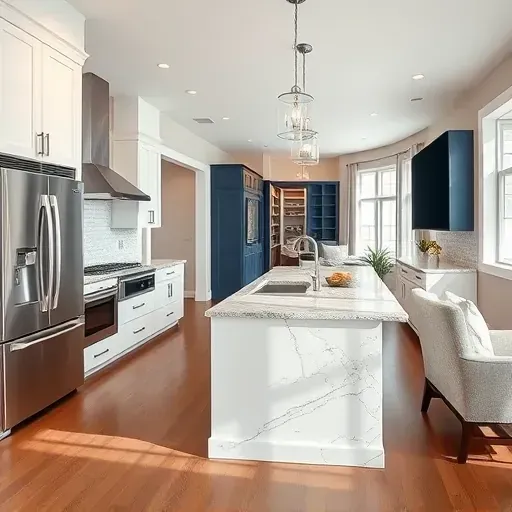 Modern kitchen remodel in Minerva Park, featuring stainless steel appliances, granite island, and chic cabinetry.