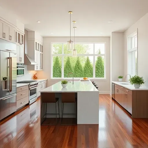 Renovated kitchen in Urbancrest, OH, featuring modern cabinetry, quartz countertops, stainless steel appliances, and hardwood floors.