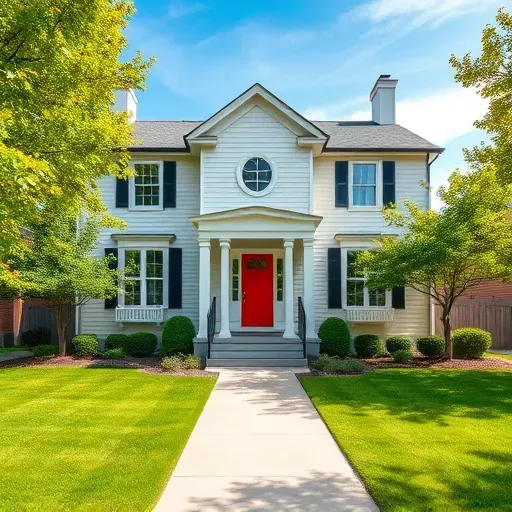 Freshly painted house in Columbus Ohio with modern neutral tones, manicured lawn, decorative porch, and bright inviting door