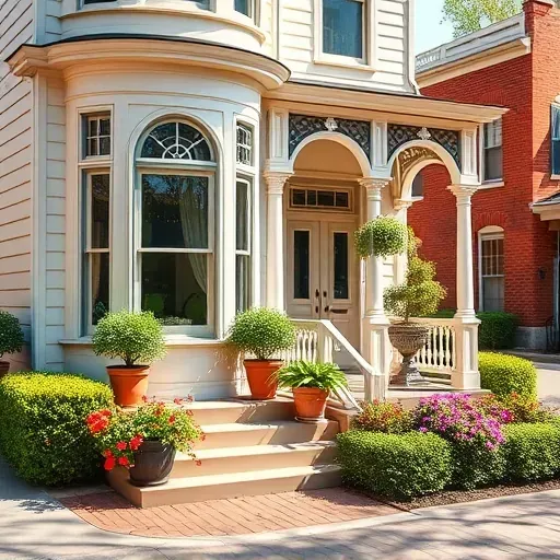 Victorian-style home in German Village, Ohio, with pastel colors, restored porch, and vibrant landscaping.