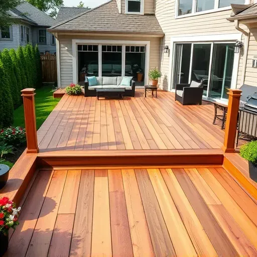 Freshly completed hardwood deck in Columbus Ohio with lush lawns flower beds modern home and outdoor furniture