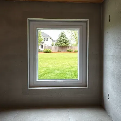 Freshly installed durable basement window in Columbus Ohio showing seamless craftsmanship within a finished concrete wall with a view of a lush backyard