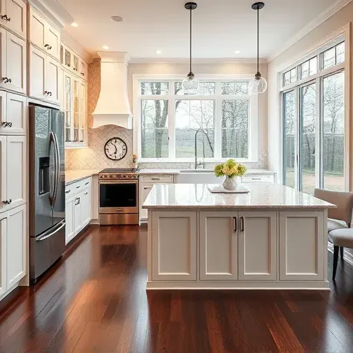 Modern kitchen remodel in Minerva Park, OH, featuring white cabinetry, stainless steel appliances, and granite island.