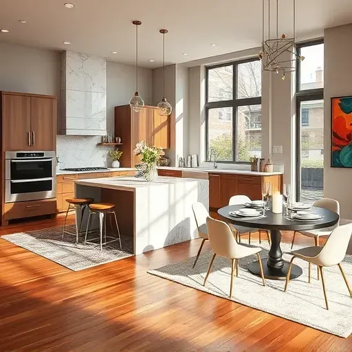 Modern kitchen remodel in Short North OH featuring marble countertops, elegant cabinetry, and natural light with vibrant art.