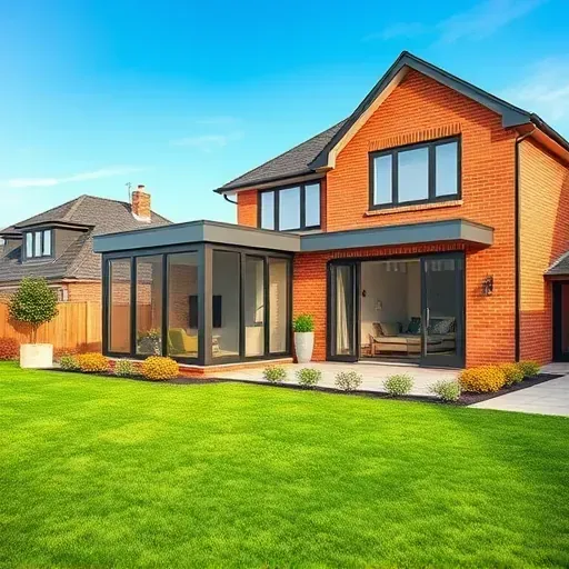 New modern home addition in Columbus Ohio with large windows landscaped yard patio outdoor furniture lush greenery