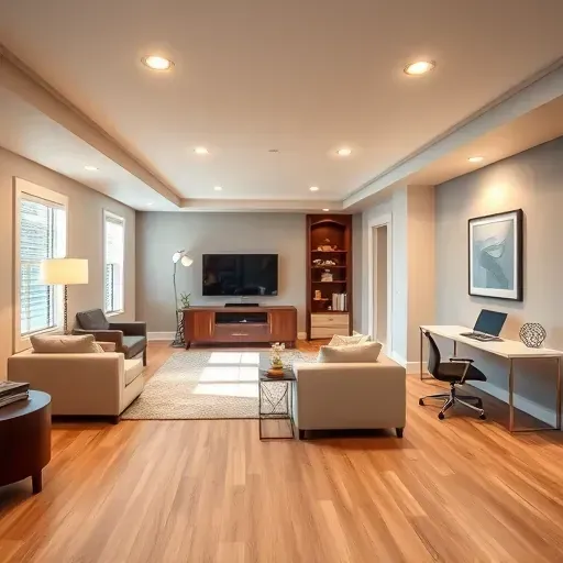 Finished modern basement in Columbus with hardwood floors, neutral walls, cozy seating, entertainment area, and home office