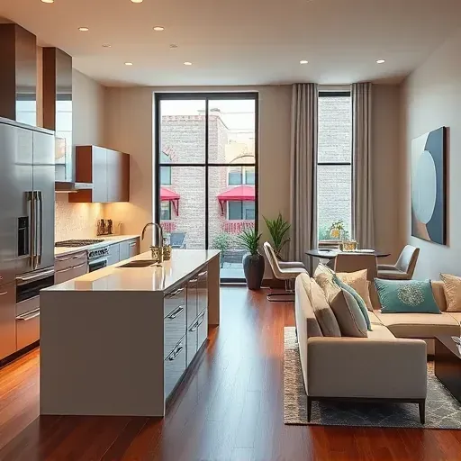 Home remodeling in Short North, OH featuring modern kitchen and living area with stylish decor and natural lighting.