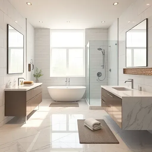 Renovated modern Columbus bathroom with marble floors, freestanding tub, walk-in shower, double vanity, and stylish fixtures