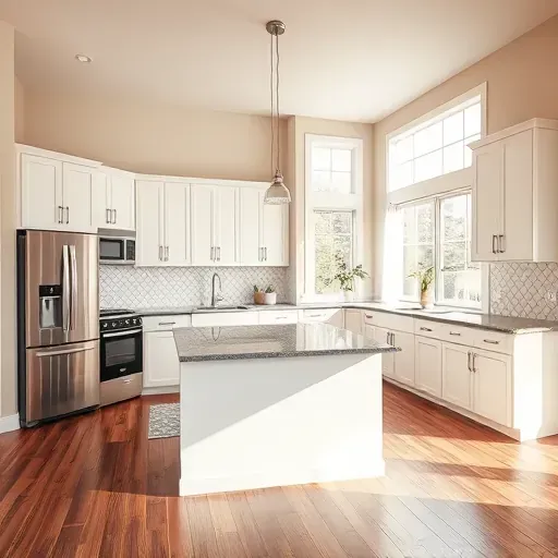 Modern kitchen remodel in Etna, OH with sleek white cabinetry, gray quartz island, and elegant patterned backsplash.