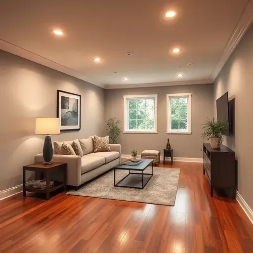 Beautifully finished basement in Columbus OH with polished hardwood floors, modern furniture, and cozy decor accents.