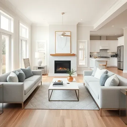 Modern Westerville home remodel featuring a bright living room with gray and cream decor, hardwood flooring, and stylish kitchen.