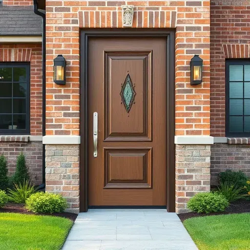Newly installed modern front door in Columbus Ohio with metallic handles glass panels and a brick facade
