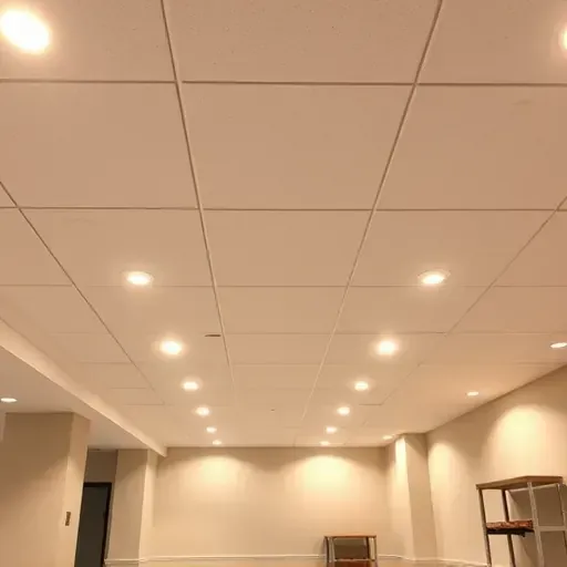 Meticulously finished basement ceiling in Columbus with sleek drop panels, recessed warm lighting, neutral drywall, and polished flooring