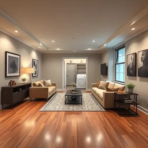 Beautiful finished basement in Columbus OH with modern decor, hardwood floors, and inviting natural light.