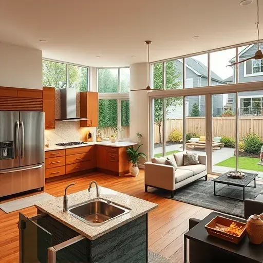 Completed home remodeling in Alexandria OH features a modern kitchen, open living space, and serene outdoor area.