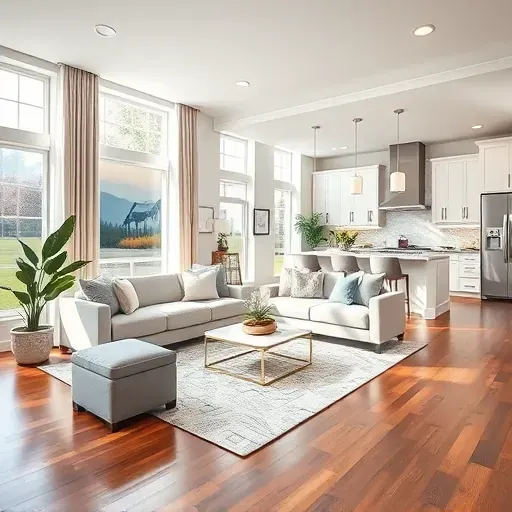 Modern living room in Powell OH showcasing open layout, elegant decor, plush couch, and inviting kitchen area.