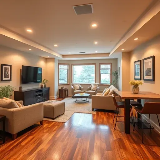 Beautifully finished basement in Columbus OH with polished hardwood floors, modern lighting, and stylish decor. Cozy sitting area, sleek entertainment center, and contemporary bar create an inviting ambiance.