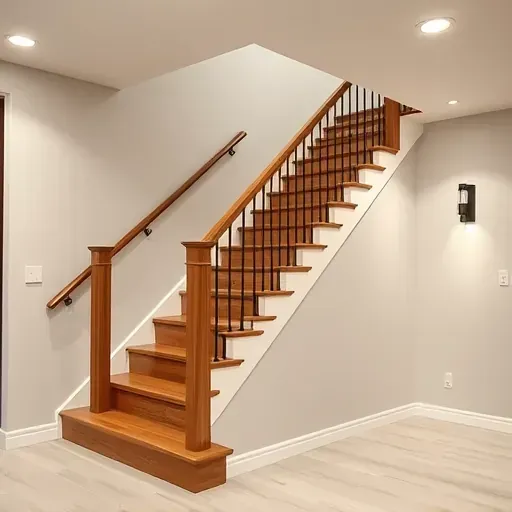 Completed modern basement staircase in Columbus Ohio with hardwood treads, metal handrails, wooden balusters, neutral walls, and ambient lighting