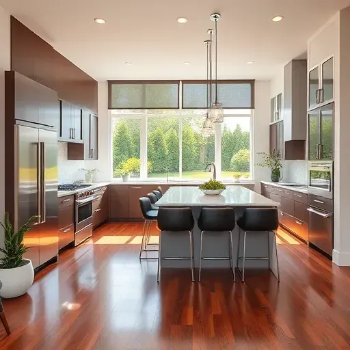 Modern kitchen remodel in Grandview Heights, featuring sleek cabinetry, quartz countertops, and large windows with a garden view.