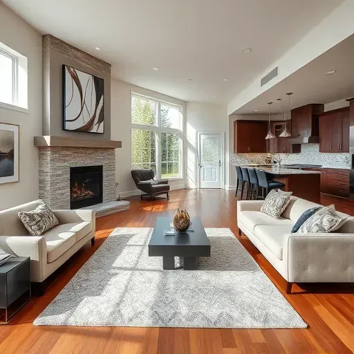 Spacious Galloway OH living room featuring a modern fireplace, elegant furnishings, and seamless kitchen transition.