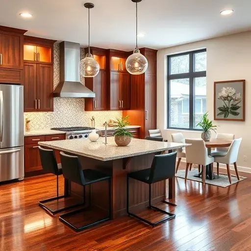Modern kitchen remodel in Columbus with granite countertops, walnut cabinets, stainless appliances, and stylish decor.