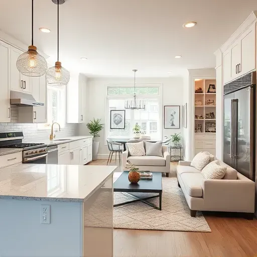 Modern kitchen remodeling in Grove City OH featuring white cabinetry, granite countertops, and cozy living area.