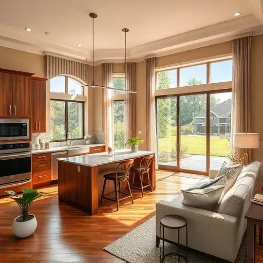 Stunning Dublin home remodel showcasing a modern kitchen with walnut cabinetry and a cozy living area with plush decor.