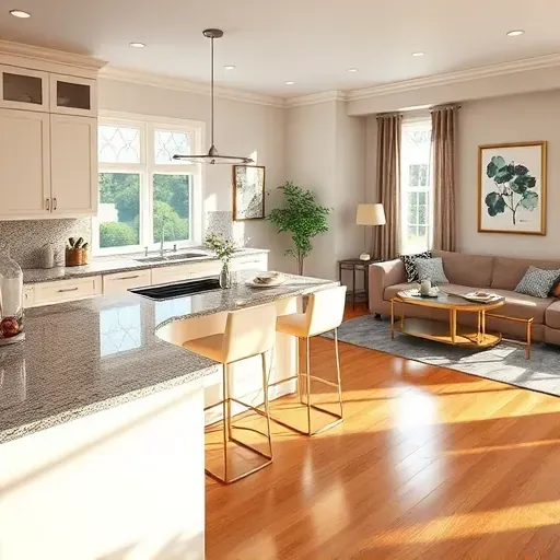 Completed home remodel in Valleyview OH featuring a modern kitchen with granite countertops, tasteful lighting, and a cozy living area.