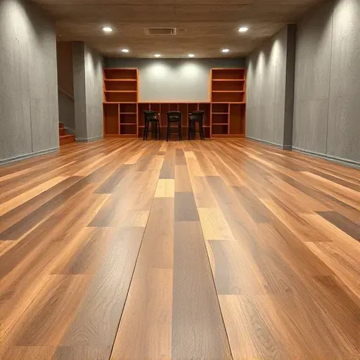 Finished basement with rich hardwood flooring, polished concrete walls, soft ambient lighting, modern storage, in Columbus Ohio