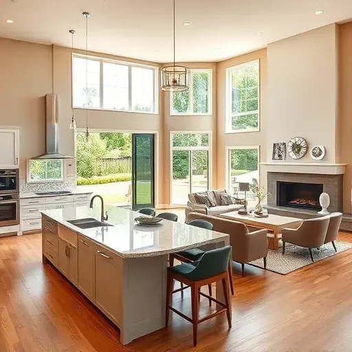Home remodeling in Columbus, showcasing a stylish modern kitchen and living area with elegant decor and finishes.