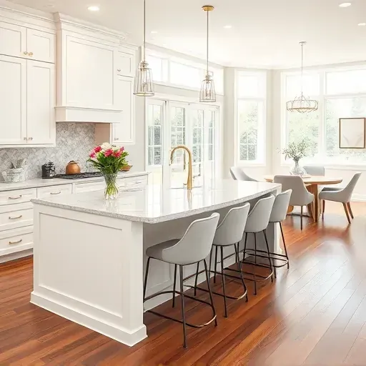 Modern New Albany kitchen remodel with white cabinetry, quartz countertops, large island, and airy dining room.