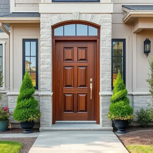 Beautiful modern front door installation in Columbus Ohio featuring a crafted wooden door with intricate panels, sidelight and transom windows, stone accents, landscaped greenery, and a polished residential facade