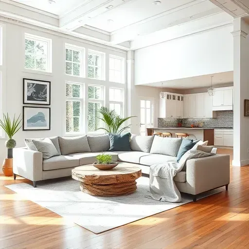 Modern living room in Gahanna OH features sleek furniture, natural light, and vibrant kitchen in the background.
