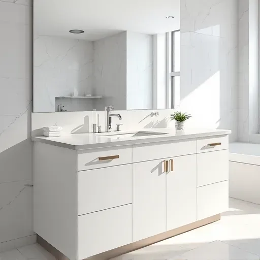 Modern upscale bathroom vanity with white cabinetry marble countertop brushed nickel fixtures and mirrored wall in Columbus Ohio
