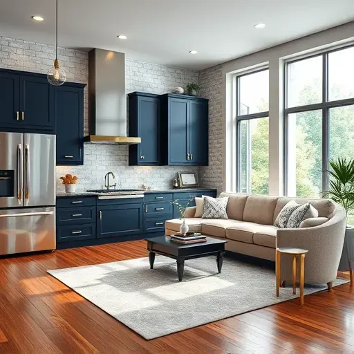 Modern kitchen remodel in Obetz OH featuring navy cabinets quartz countertops and stainless steel appliances.