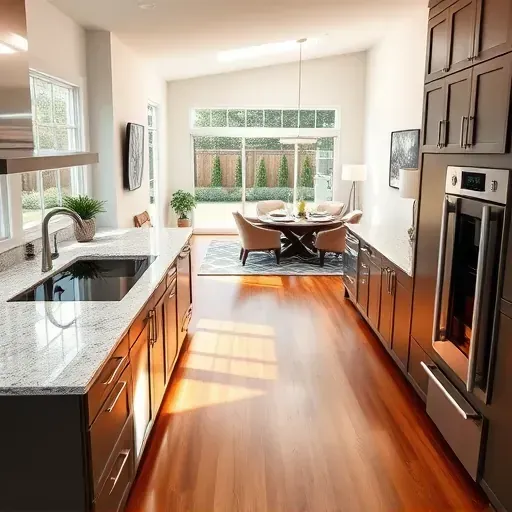 Modern kitchen in Pataskala, OH, featuring granite countertops, stainless steel appliances, and large windows with hardwood floors.
