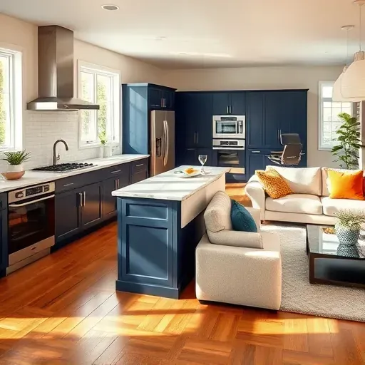 Modern kitchen remodel in Westerville, OH featuring navy blue cabinetry, quartz countertops, and open living area.