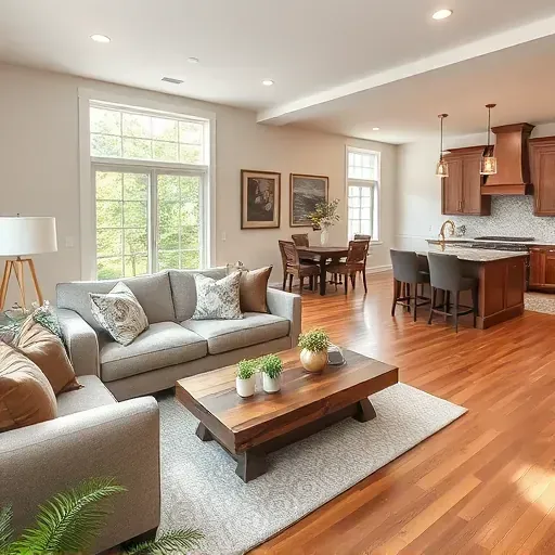 Completed home remodeling project in Gahanna, OH, featuring a renovated living room with hardwood floors and modern decor.