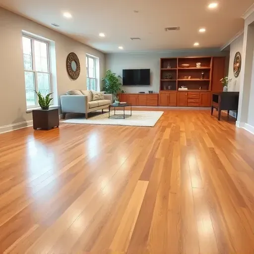 Finished hardwood basement flooring in Columbus Ohio with warm tones, modern decor, natural light, and organized space