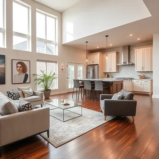 Modern living room in Gahanna, OH features open floor plan, warm tones, sleek furniture, and inviting kitchen.