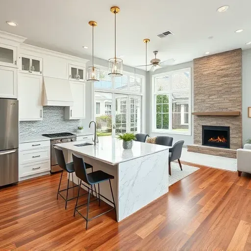 Completed home remodeling in Sunbury, OH with modern kitchen, granite counters, and open living area featuring a fireplace.